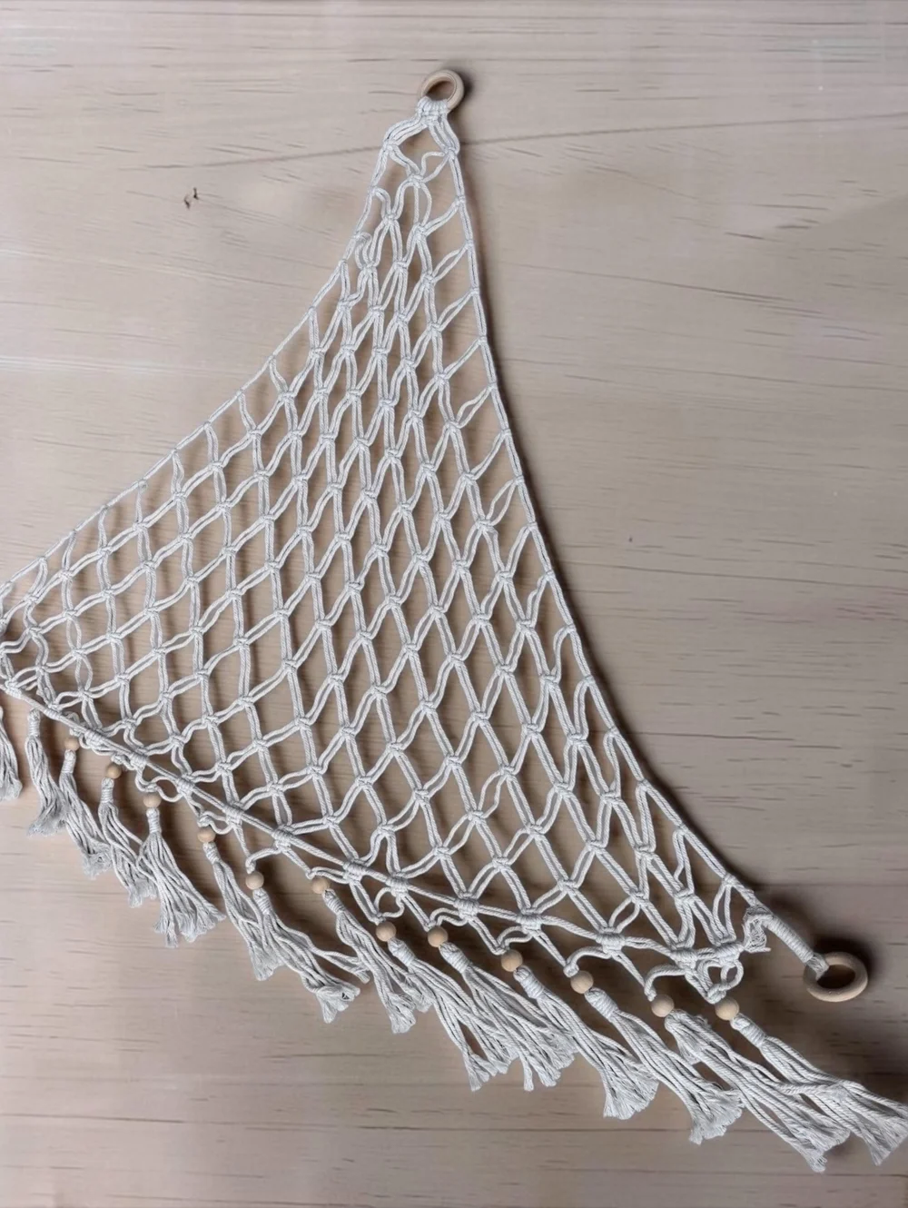 Handmade Boho 1970s Macramé Triangle Wall Hanging with Wooden Rings and Tassels